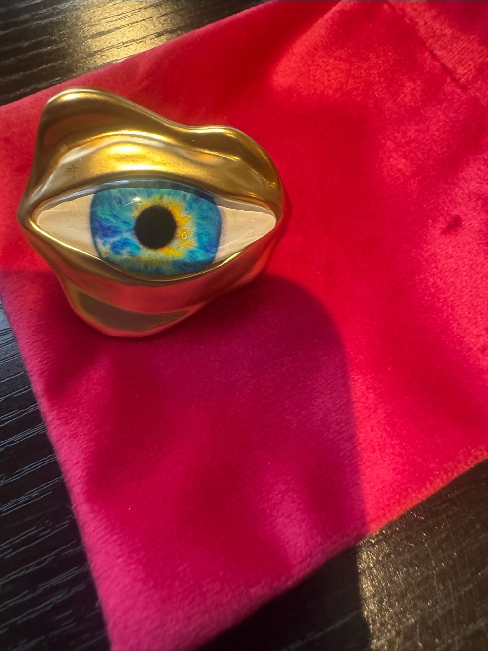 Schiaparelli gold tone Eye Statement Ring with Blue Center adjustable - Picture 10 of 12